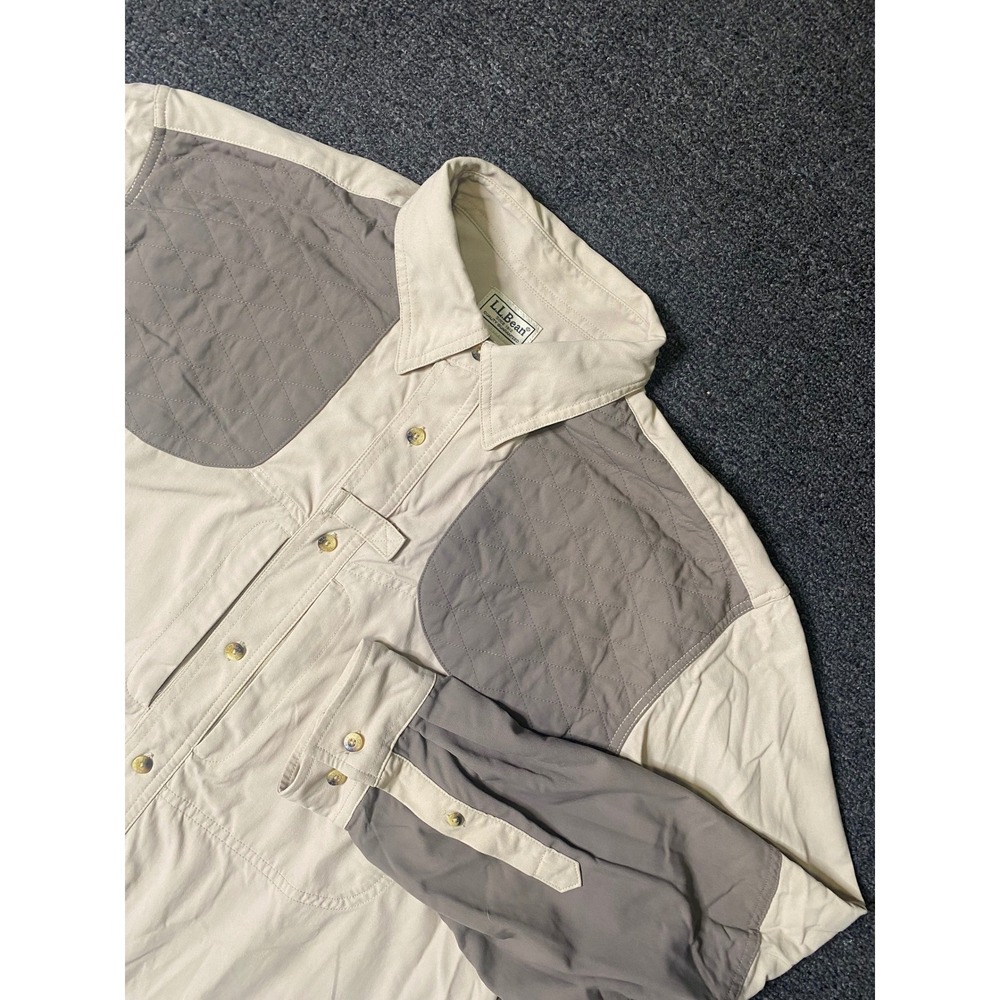 LL Bean Long Sleeve Shooting Shirt Beige Mens XL Nylon Quilted Patch Pad Outdoor